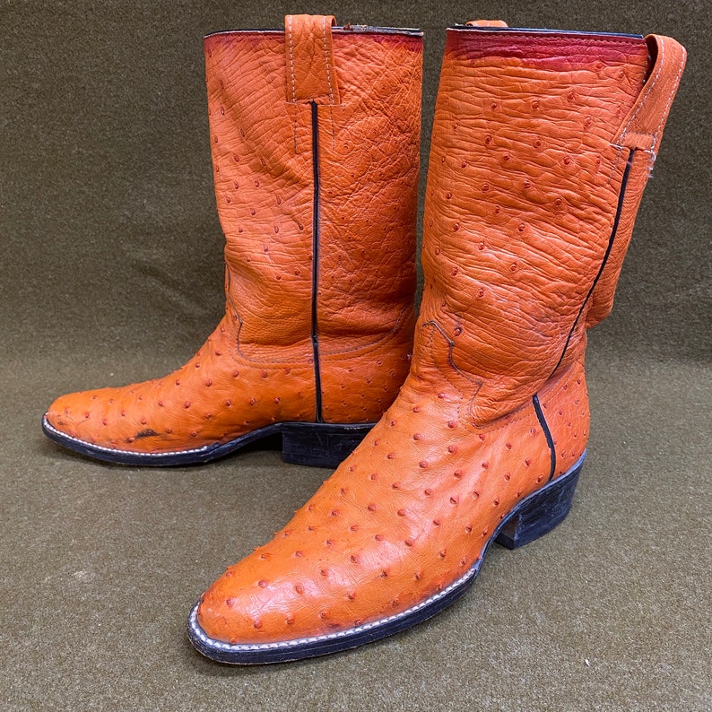Orange Ostrich Cowboy Western Ranch Exotic Leather Boots Size