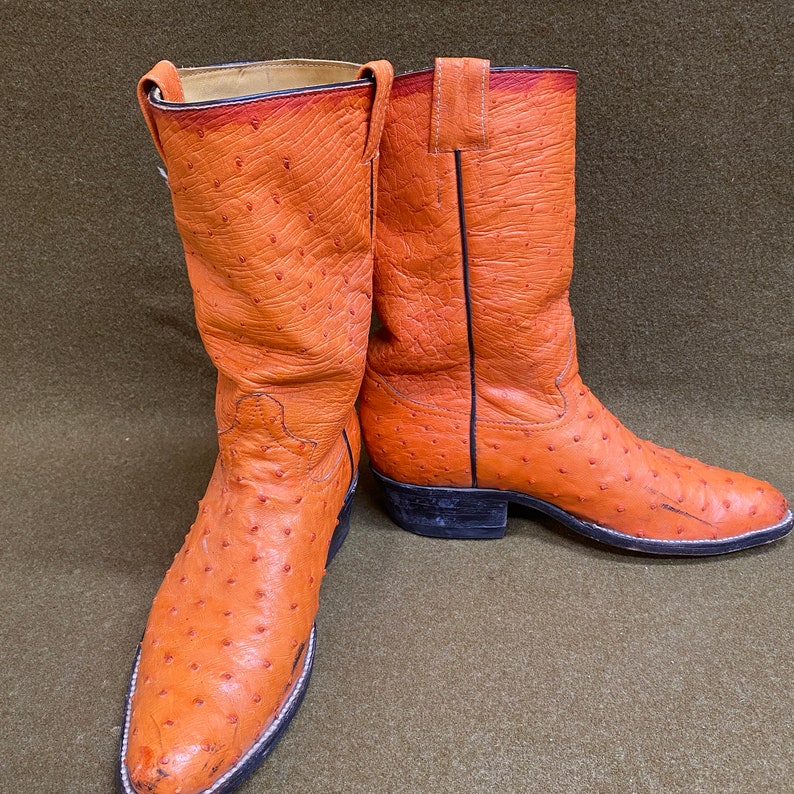 Orange Ostrich Cowboy Western Ranch Exotic Leather Boots Size
