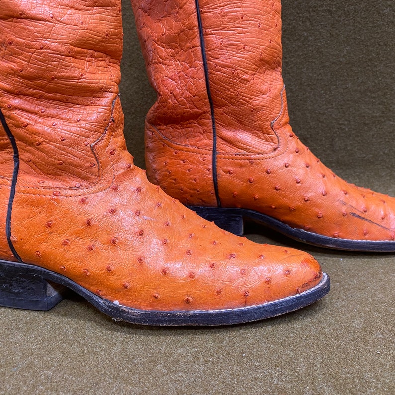 Orange Ostrich Cowboy Western Ranch Exotic Leather Boots Size