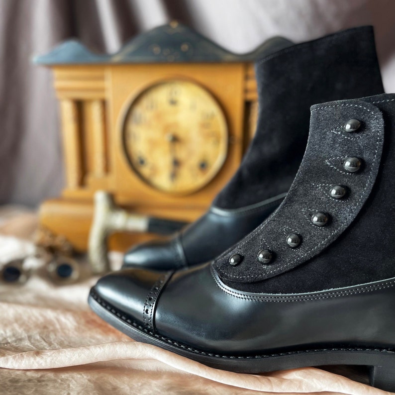 All Black Leather and Suede Victorian Men's Button Boots