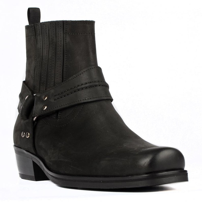 Footcourt Black Genuine Oiled Leather Cowboy Boots Men Biker