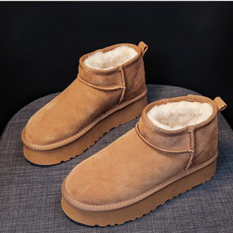 Womens Leather Ankle Handmade Fashion Woolen Fur Brown