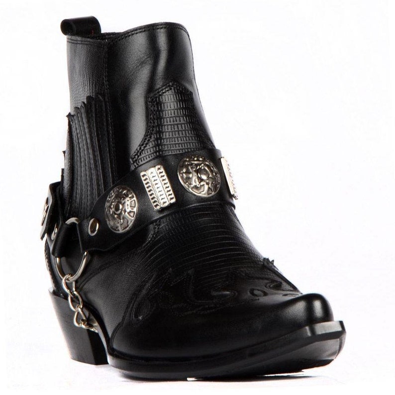 Footcourt Black Cowboy Ankle Boots Men Texas Boots Western