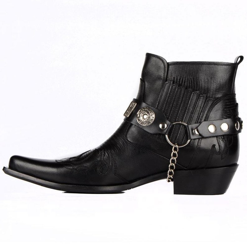 Footcourt Black Cowboy Ankle Boots Men Texas Boots Western