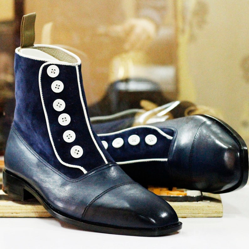 Handmade Leather & Suede Button Top Boots Bespoke Navy Dress
