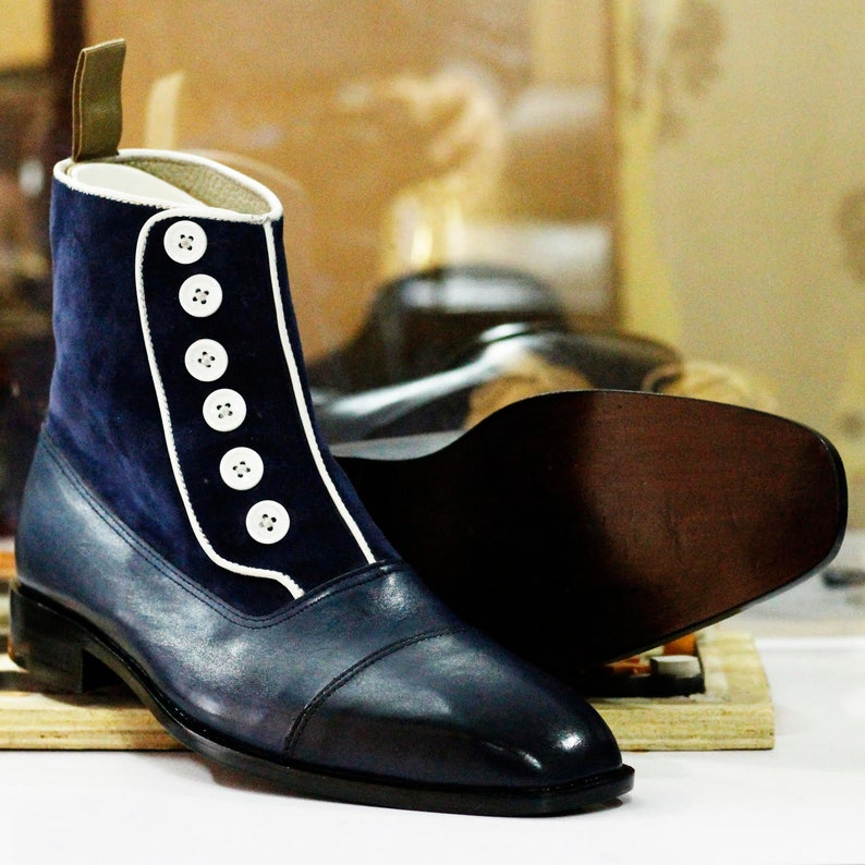 Handmade Leather & Suede Button Top Boots Bespoke Navy Dress