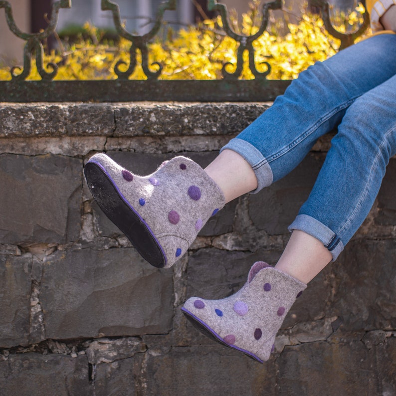 Valenki Grey Wool Shoes Ankle Felt Boots With Polka Dot Great