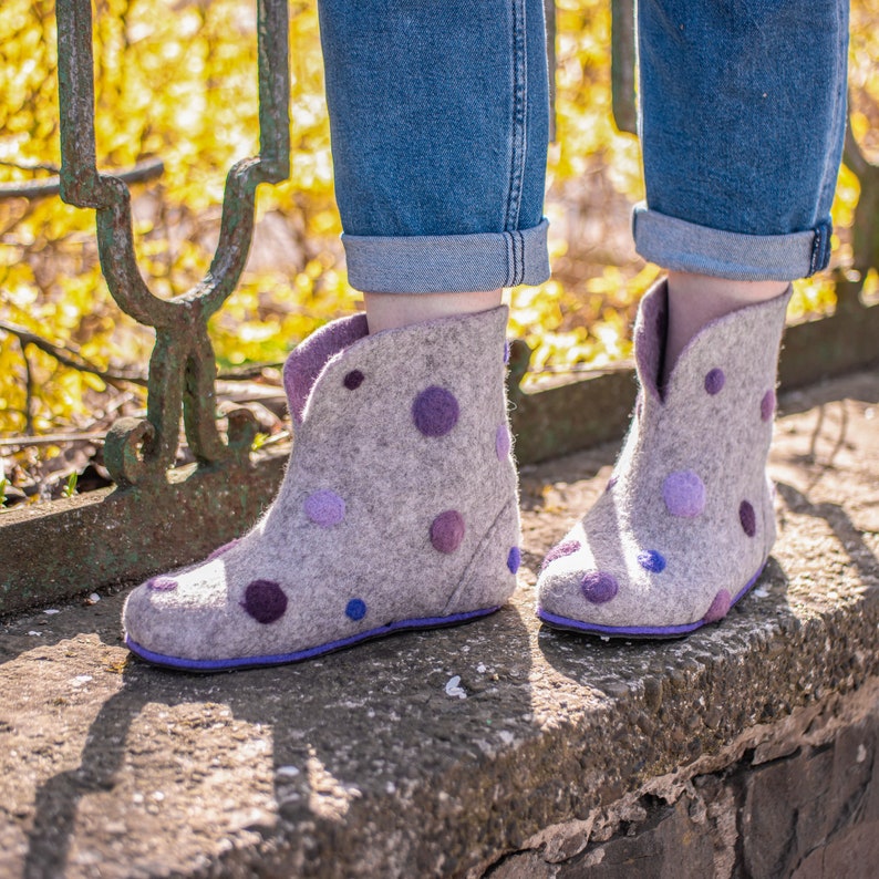 Valenki Grey Wool Shoes Ankle Felt Boots With Polka Dot Great