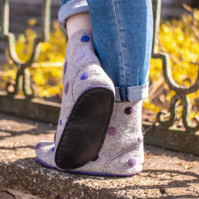 Valenki Grey Wool Shoes Ankle Felt Boots With Polka Dot Great