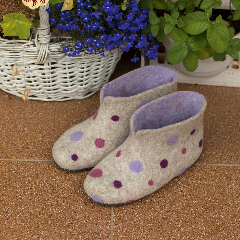 Valenki Grey Wool Shoes Ankle Felt Boots With Polka Dot Great