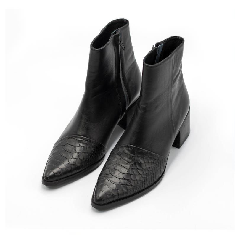 Black Ankle Boots Women Leather Boots Pointy Booties Black