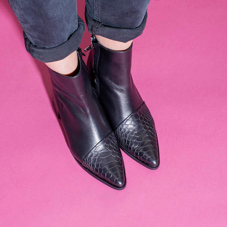 Black Ankle Boots Women Leather Boots Pointy Booties Black