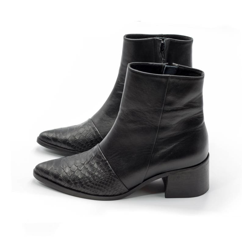 Black Ankle Boots Women Leather Boots Pointy Booties Black