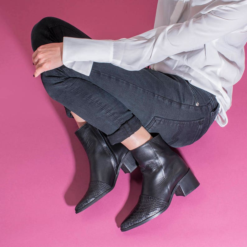 Black Ankle Boots Women Leather Boots Pointy Booties Black