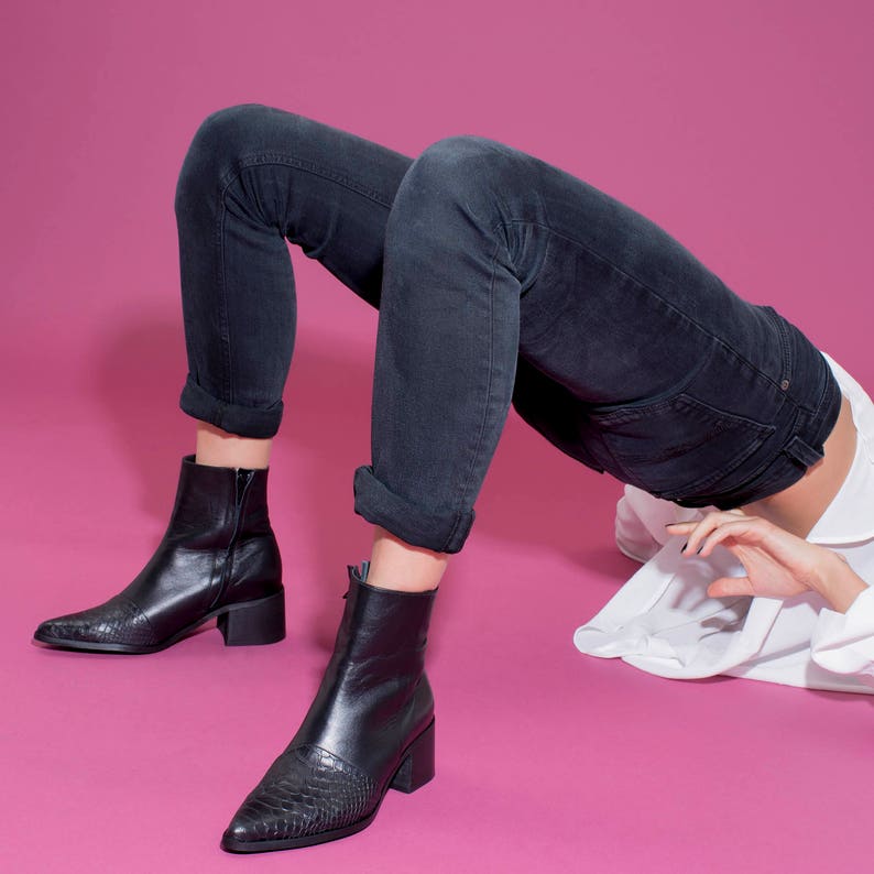 Black Ankle Boots Women Leather Boots Pointy Booties Black