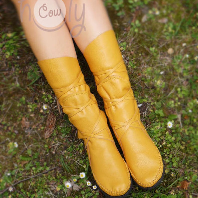 Yellow Leather Moccasins Women Moccasins Moccasin Boots