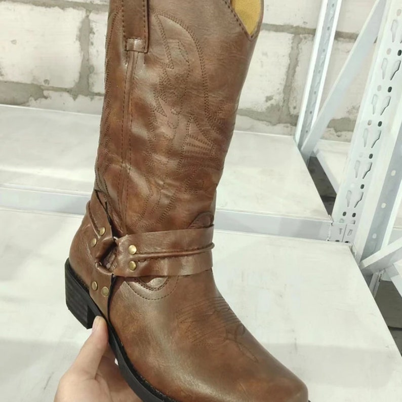 Low Square Heel Cowboy Boots Slip-on Faux Leather Boots