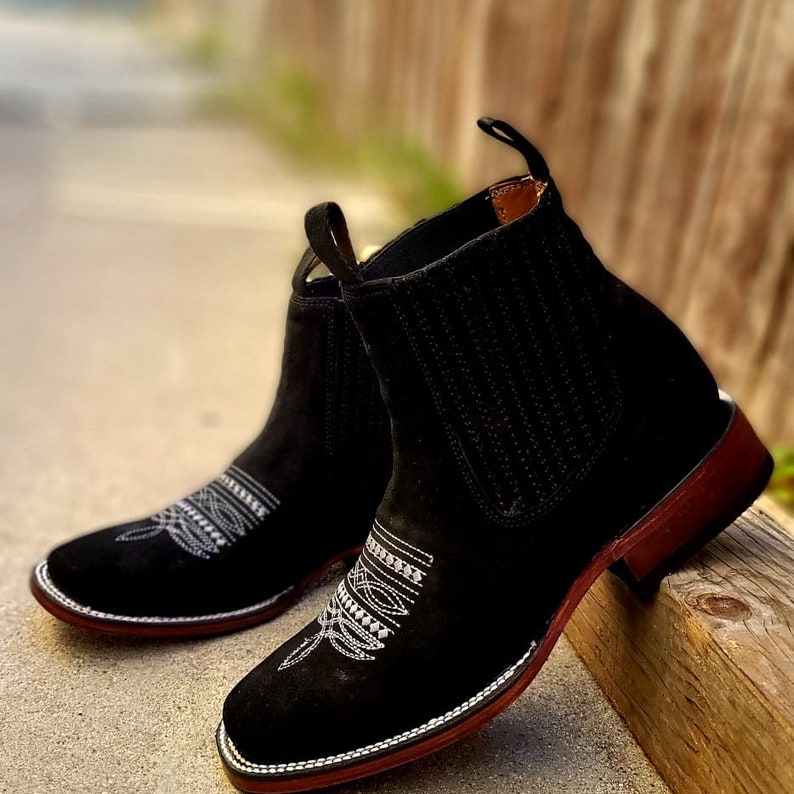 MENS Suede Black Western LEATHER COWBOY Rodeo Square Toe Half