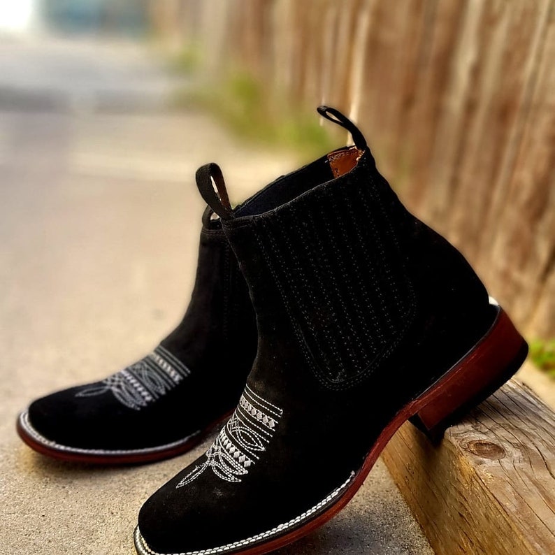MENS Suede Black Western LEATHER COWBOY Rodeo Square Toe Half