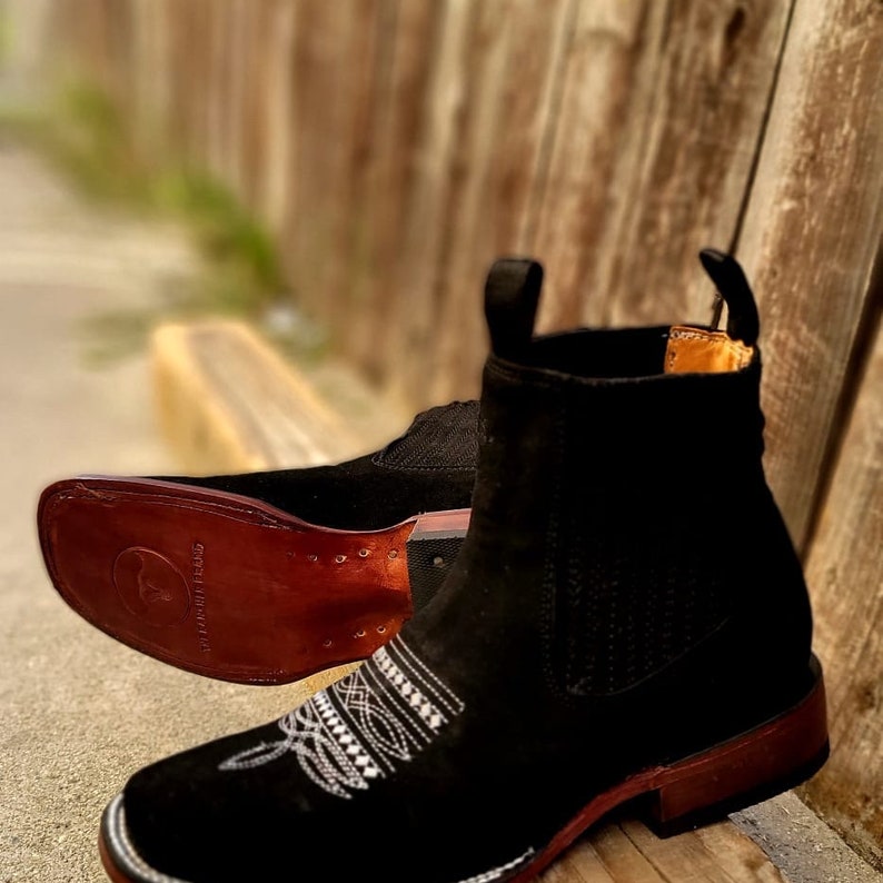 MENS Suede Black Western LEATHER COWBOY Rodeo Square Toe Half