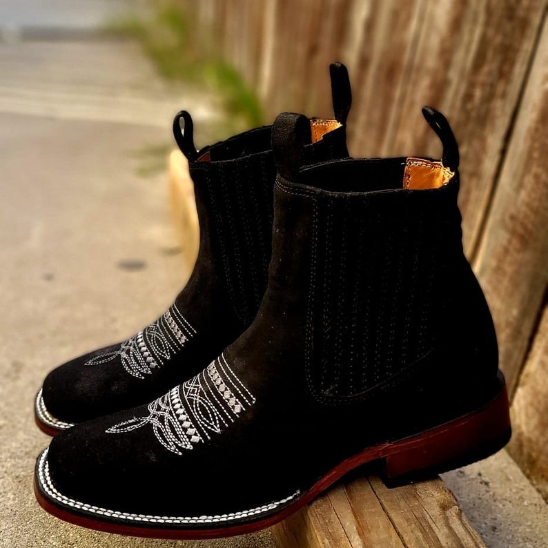 MENS Suede Black Western LEATHER COWBOY Rodeo Square Toe Half