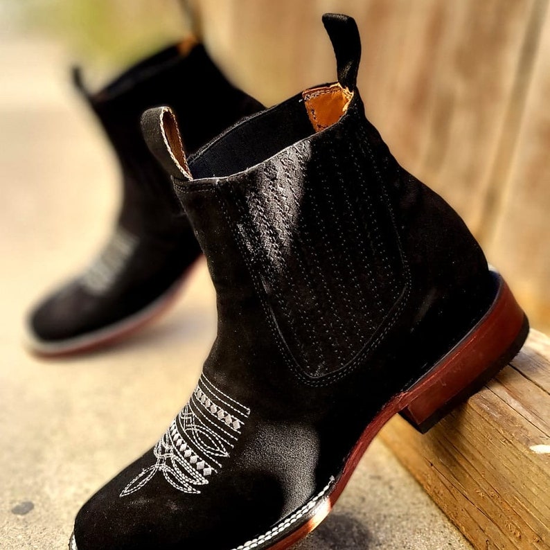 MENS Suede Black Western LEATHER COWBOY Rodeo Square Toe Half