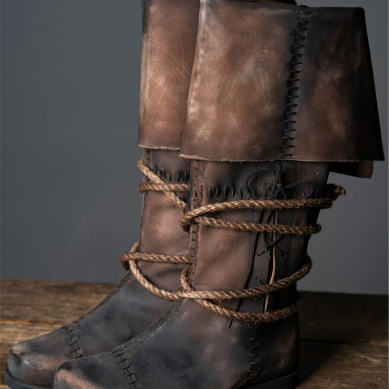 Dark Brown Handmade Leather High Boots With Ties Medieval SCA