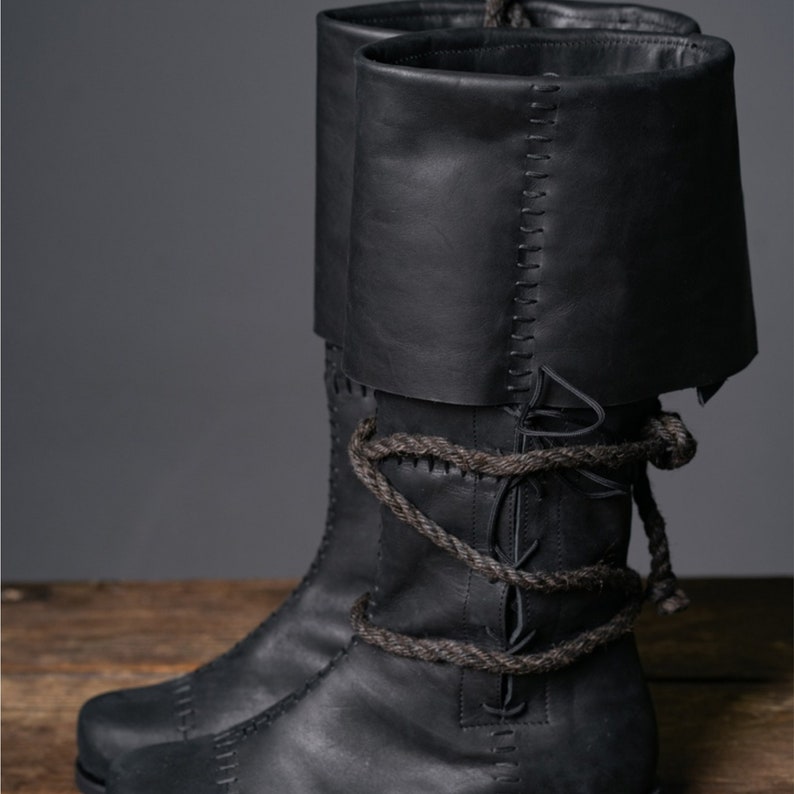 Dark Brown Handmade Leather High Boots With Ties Medieval SCA