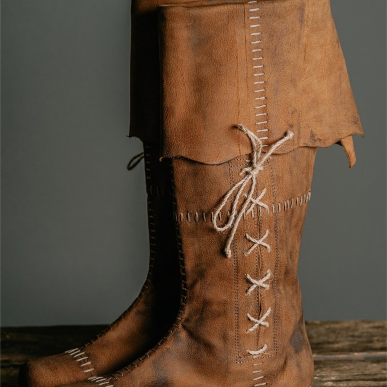 Dark Brown Handmade Leather High Boots With Ties Medieval SCA