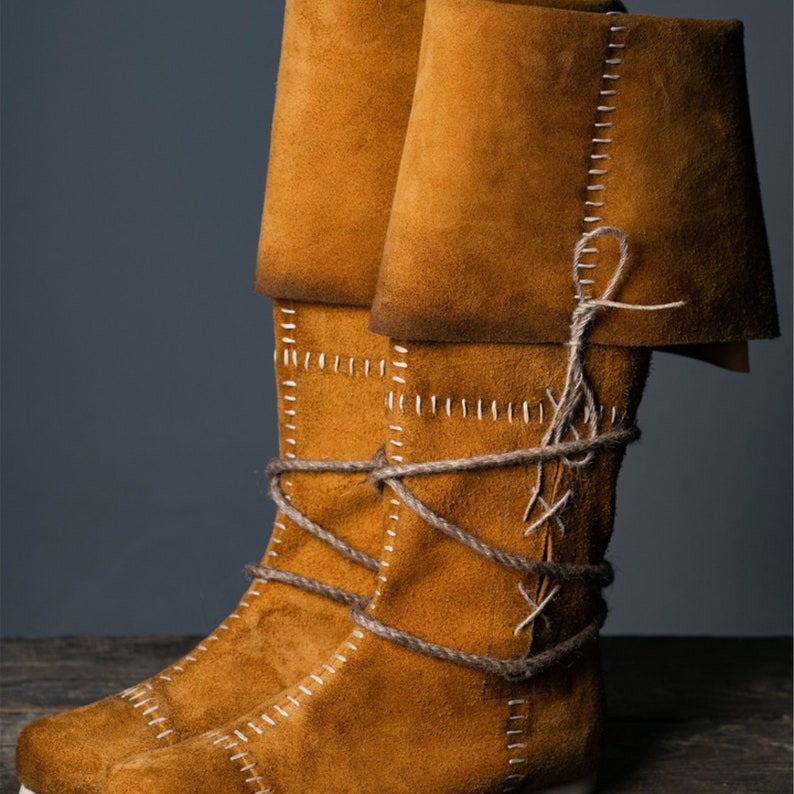 Dark Brown Handmade Leather High Boots With Ties Medieval SCA
