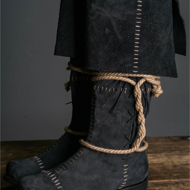 Dark Brown Handmade Leather High Boots With Ties Medieval SCA
