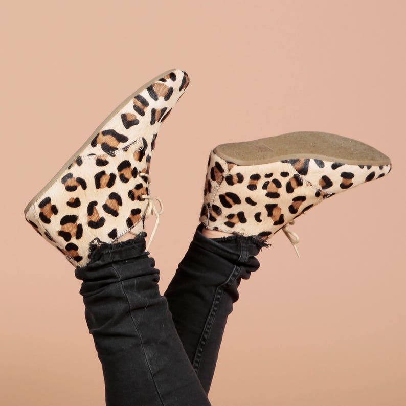 Hairon Leather Fearless Leopard Printed Ankle Flat Lace up