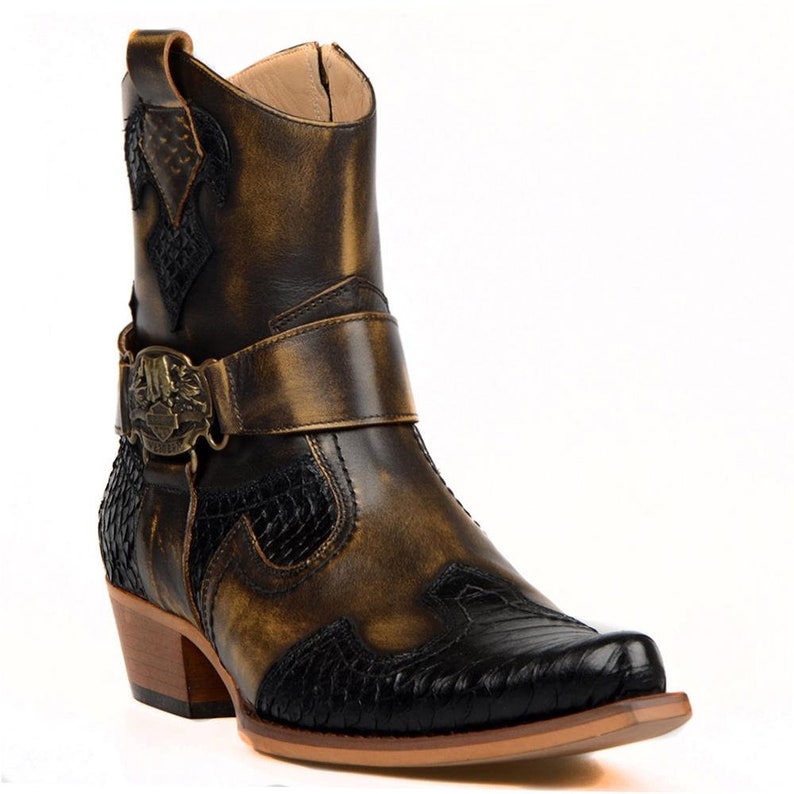 Footcourt Brown Cowboy Ankle Boots for Men Black Snake