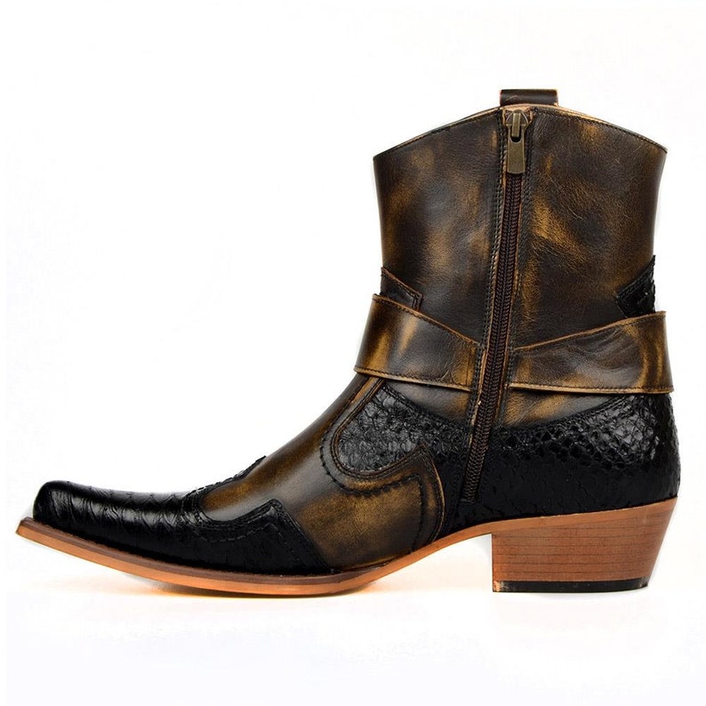 Footcourt Brown Cowboy Ankle Boots for Men Black Snake