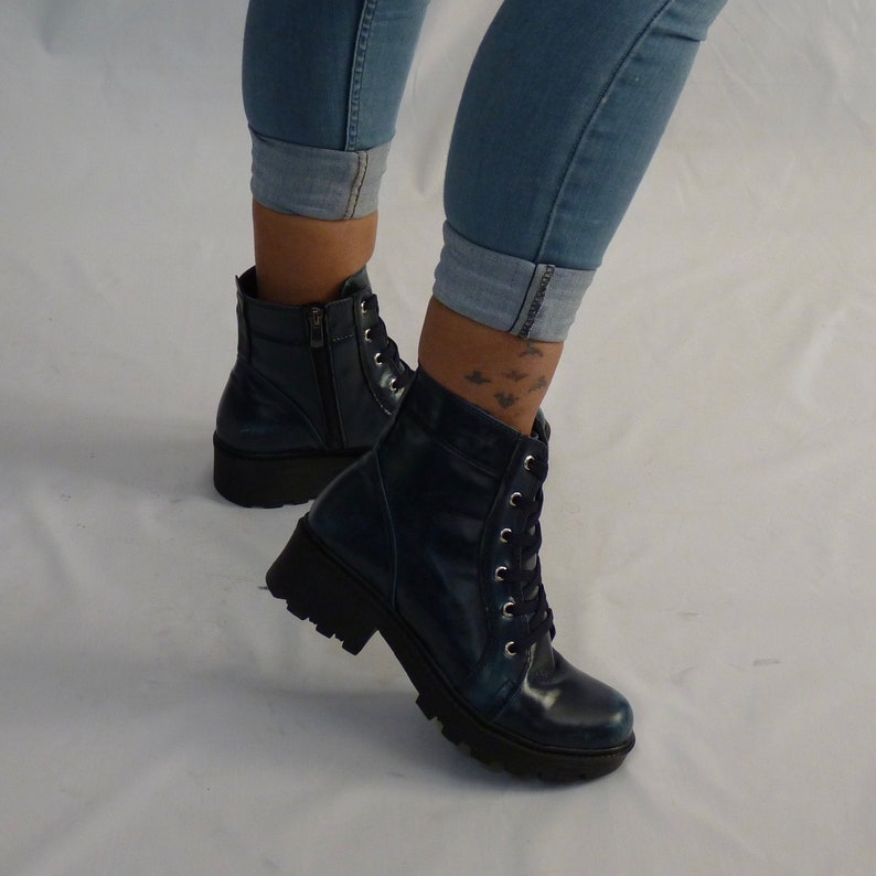Dark Blue Military Boots Vegan Lacezipper Closure With TPU