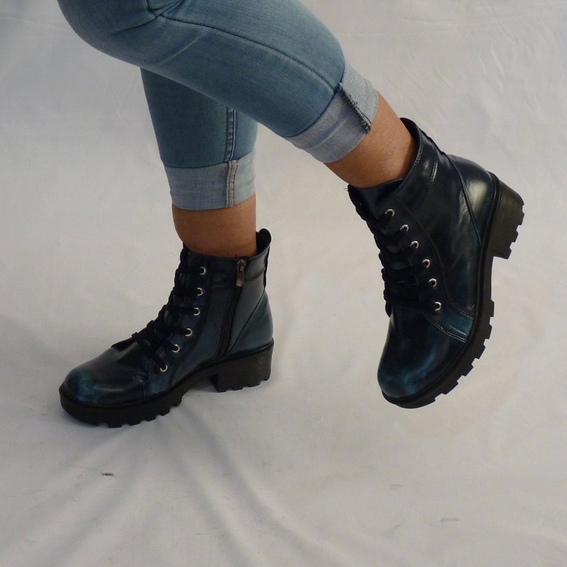 Dark Blue Military Boots Vegan Lacezipper Closure With TPU