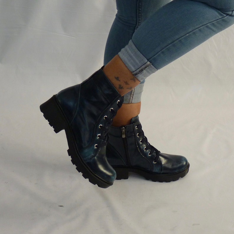 Dark Blue Military Boots Vegan Lacezipper Closure With TPU