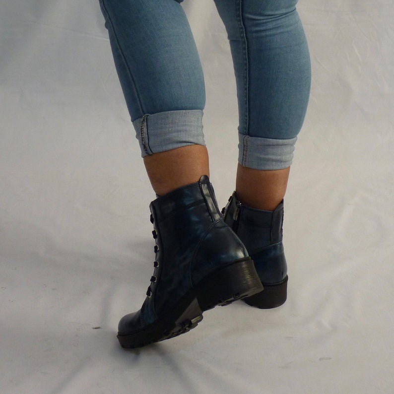 Dark Blue Military Boots Vegan Lacezipper Closure With TPU