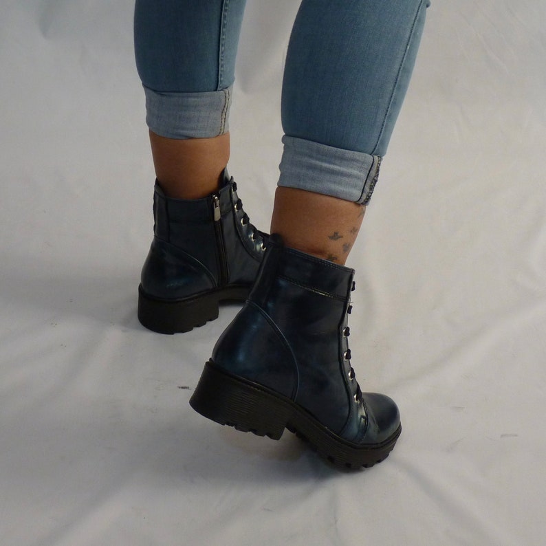 Dark Blue Military Boots Vegan Lacezipper Closure With TPU