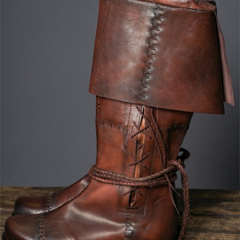 Dark Brown Handmade Leather High Boots With Ties Medieval SCA