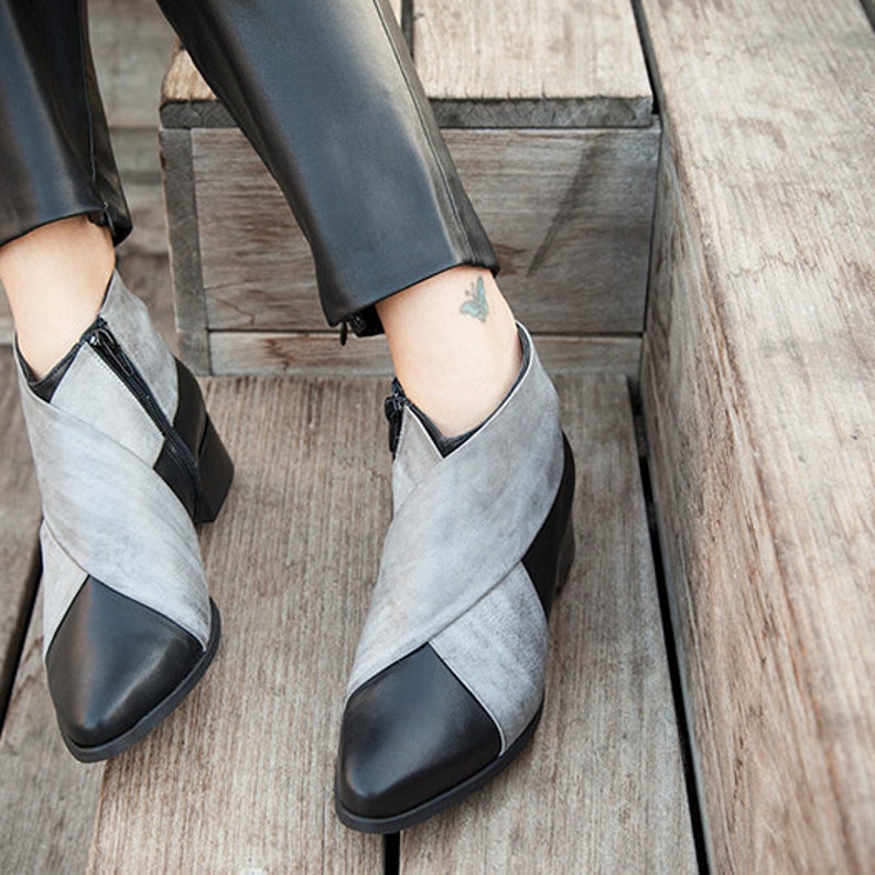 Black Leather Boots Black Leather Shoes Woman Gray Shoes