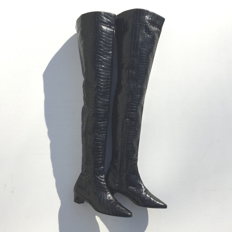 1960s Black Vinyl Faux Croc Over the Knee Boots Size 6.5