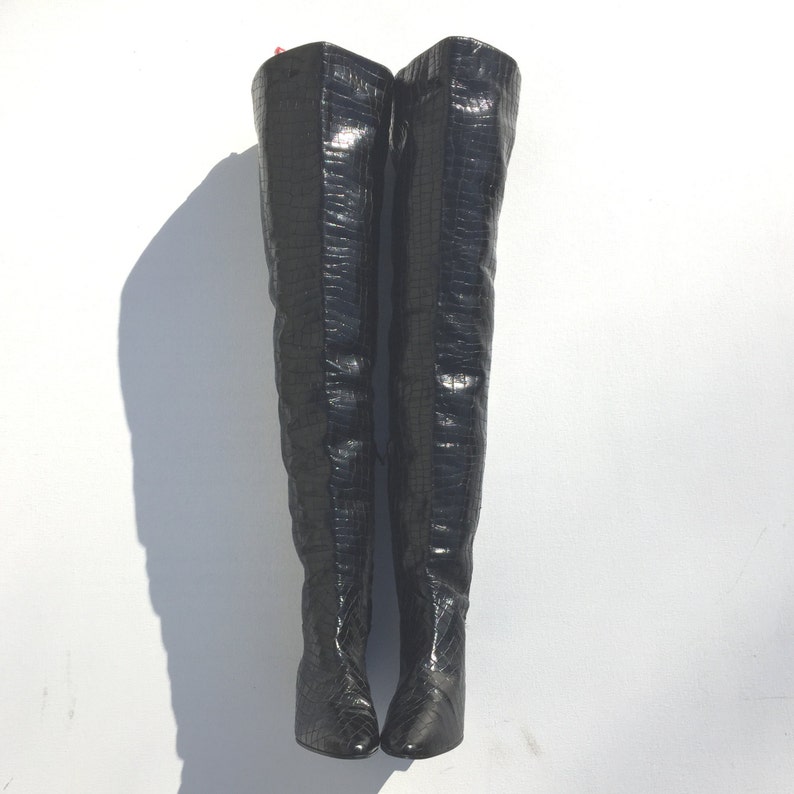 1960s Black Vinyl Faux Croc Over the Knee Boots Size 6.5