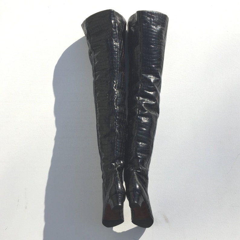1960s Black Vinyl Faux Croc Over the Knee Boots Size 6.5