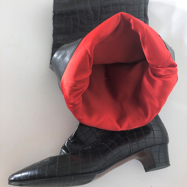 1960s Black Vinyl Faux Croc Over the Knee Boots Size 6.5