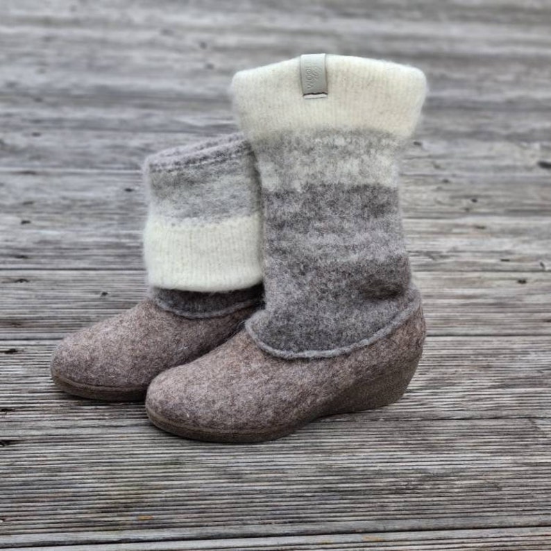 Felted Wedge Heel Boots Tall Winter Boots Two Tone Boots