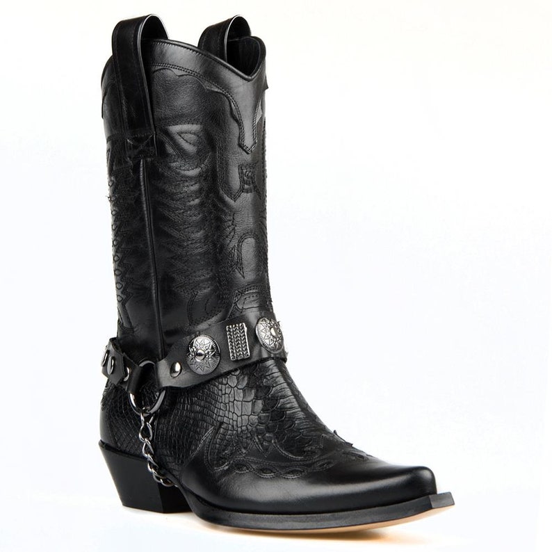 Footcourt Black Cowboy Boots Buckle Mid-calf Genuine Leather