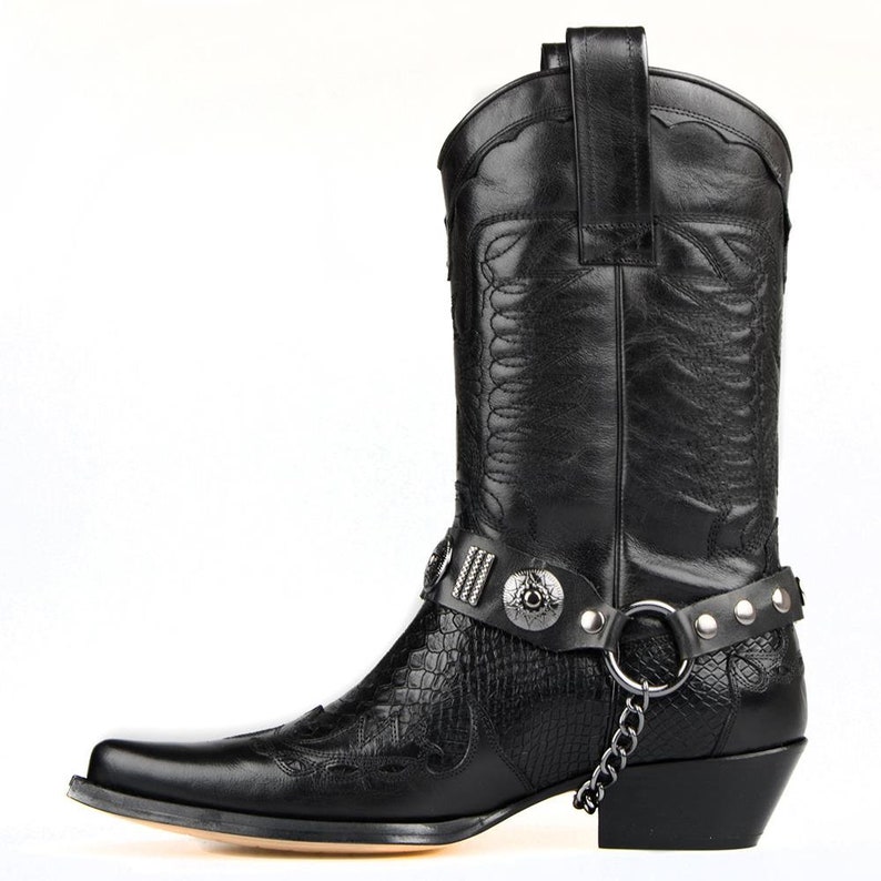 Footcourt Black Cowboy Boots Buckle Mid-calf Genuine Leather