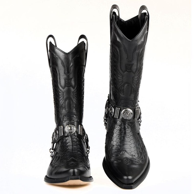 Footcourt Black Cowboy Boots Buckle Mid-calf Genuine Leather
