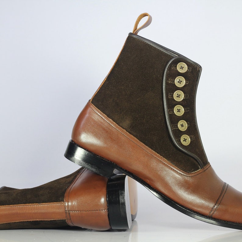Men Handmade Brown Leather Suede Button Boots Mens Cap Toe